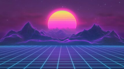 Fototapete - This stock image presents an abstract digital background consisting of blue and purple neon grid lines over a black grid pattern