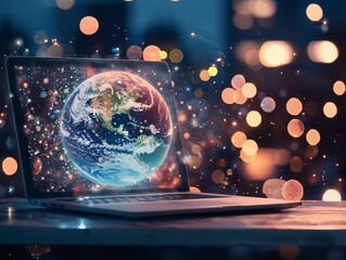 Poster - Global digital communication and international trade are symbolized by a globe on a table beside an open laptop in a web banner with copy space, set in daylight