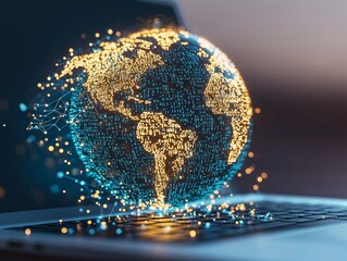 Poster - global connectivity and online presence are symbolized by a globe on the table next to an open lapto