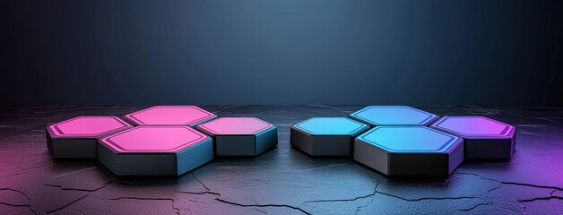 Fototapete - An abstract background with neon lights and hexagons, generated using advanced 3D illustration methods
