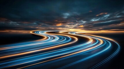 Fototapete - A dark blue background with a futuristic feel, incorporating blurred lines and light streaks, conveys a sense of speed and movement, while also implying high technology, ideal for dynamic templates