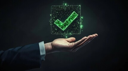 Poster - A check mark for compliance, certification or audit concept is symbolized by a business man grasping a digital hologram that is green in color