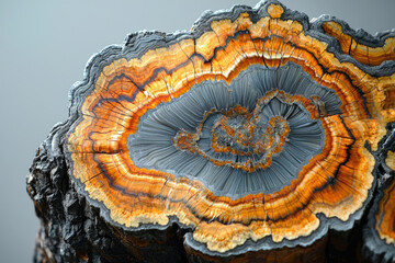 Poster - A mesmerizing cross-section of a petrified wood showcasing vibrant orange and grey concentric rings.