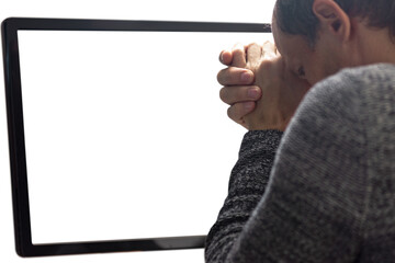 Aufkleber - Upset stressed man using pc with white screen having problems. Back view of man using computer, close-up shot, white screen providing copy space