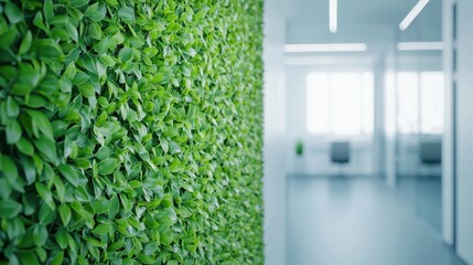 Poster - lush green foliage wall in modern office environment with natural light