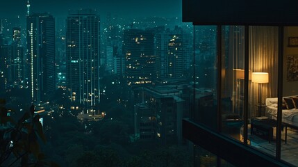 Poster - The nighttime skyline of a major modern city, showcasing an aerial perspective of highways and skyscrapers, is beautifully captured in a high-quality image of Dubai, UAE, offering ample copy space