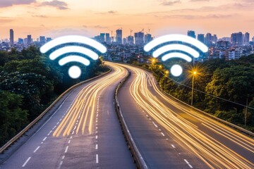 Poster - Abstract Blue Light Trails Road Stock Photo Representing Digital Speed and Data Flow