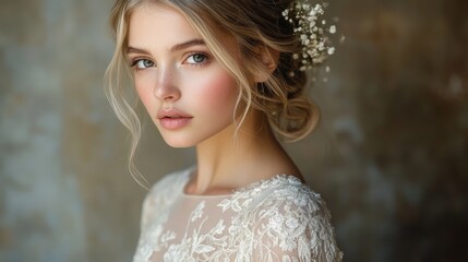 Poster - A bride with long, flowing hair styled elegantly poses against a textured backdrop. Gentle light highlights her soft features and floral embellishments, capturing an intimate moment of grace.