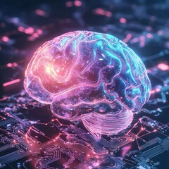Poster - the image features a stock represented by circuits and a digitized brain, with blue and purple neon 