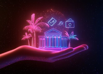 Poster - in a dark space, a hand displays a radiant bank icon encircled by lines of digital networking, repre