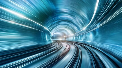 Poster - A mesmerizing scene is presented by a futuristic tunnel illuminated with vibrant blue lights, evoking speed and depth