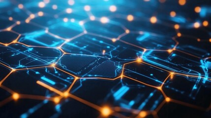 Poster - Hexagonal honeycomb pattern with a futuristic blue glow, symbolizing connectivity and technology.