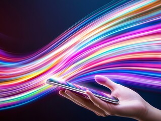 Fototapete - Hands utilize smartphones while surrounded by a colorful motion blur and vibrant light effects