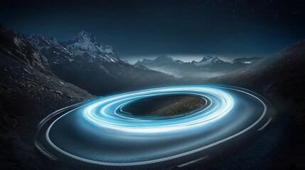 Fototapete - The dark road is set ablaze with blue light trails, conjuring a futuristic atmosphere that showcases motion and technology