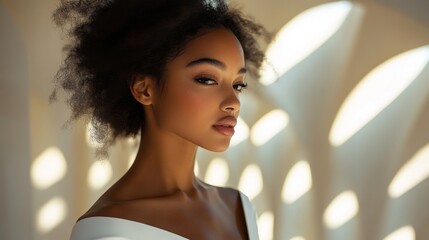 Aufkleber - A young woman poses gracefully with curly hair, framed by soft, diffused light filtering through an architectural space, enhancing her features and creating a serene atmosphere.