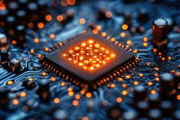 Poster - a microprocessor embedded in a printed circuit board, with glowing orange diodes 