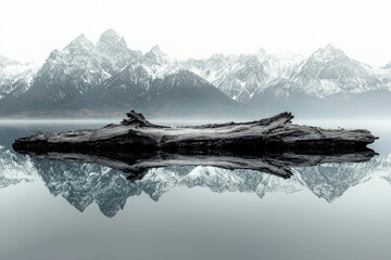 Poster - A large, dark log rests on a calm lake, mirroring snow-capped mountains in the background. Serene winter landscape.