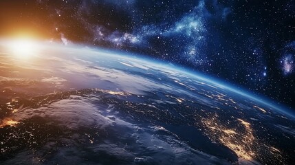 Wall Mural - Earth horizon with sunrise in space and starry sky backdrop. Curved planet edge with glowing sunlight and cosmic nebula. Celestial view of globe from outer orbit.