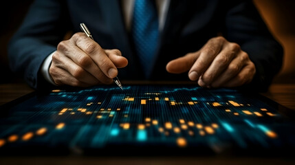 Poster - Close-up of hands analyzing data on a digital tablet, illuminated by glowing graphs and charts