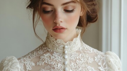 Poster - A woman with delicate features wears a beautifully detailed lace dress while striking a graceful pose inside a well-lit room. Her captivating expression highlights classic elegance and style.