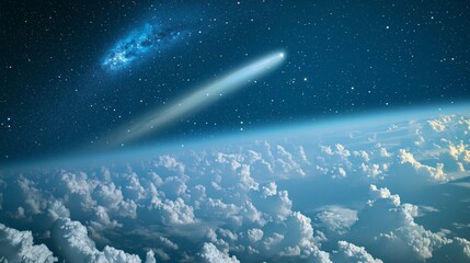 Wall Mural - Bright comet with blue tail over cloudy earth horizon. Cosmic streak in dark space against white clouds. Celestial event above planet atmosphere in deep sky.