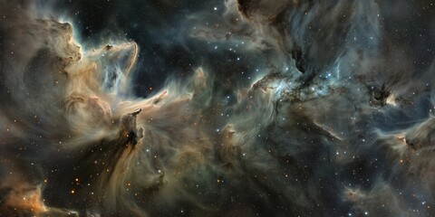 Wall Mural - Blue and gray nebula with wispy clouds in space. Cosmic dust formation with faint stars. Deep space scene with soft blue tones. Ethereal structure in dark interstellar void.