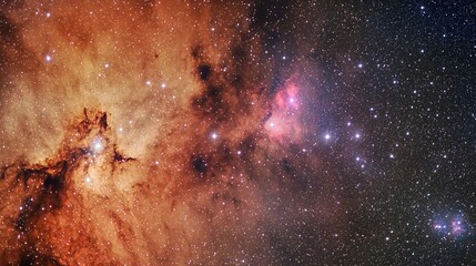 Wall Mural - Cosmic nebula with orange and purple clouds in space. Star cluster in glowing interstellar dust. Deep space scene with bright stars. Vibrant formation in dark universe.