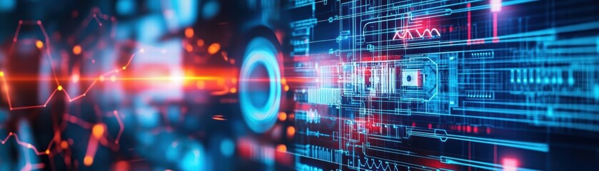 Poster - Dynamic computer screen displaying a red and blue background related to innovative power plant digital twin technology