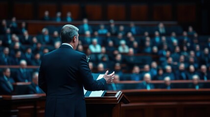 Poster - Distinguished man in a suit speaking intently into a microphone during a press conference or public address event