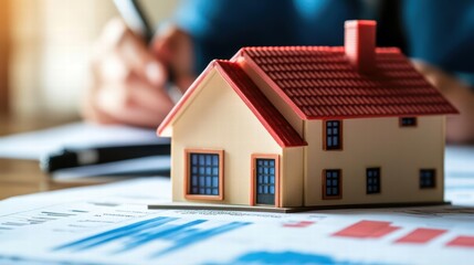 Aufkleber - A house model positioned on a table next to calculation papers representing real estate analysis and evaluation tasks
