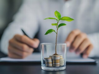 Poster - A person holding a pen with a plant growing out of coins symbolizing growth and financial prosperity in business