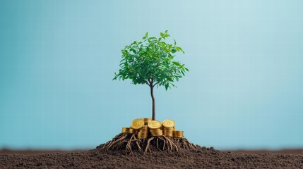 Poster - A green tree emerging from a pile of coins illustrating the connection between nature and financial prosperity in life