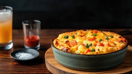 Poster - A bowl of delicious vegetarian food arranged on a wooden board showcasing a baked dish perfect for healthy eating