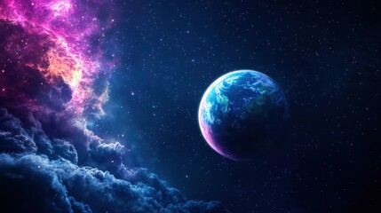 Aufkleber - Stunning view of earth surrounded by a colorful nebula creating a vibrant alien planet atmosphere in space