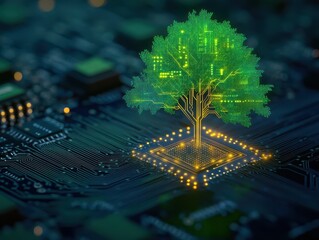 Leinwandbilder - Circuit board featuring a lush green tree symbolizing the intersection of nature and technology in digital art