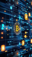 Poster - Abstract Digital Illustration of Bitcoin on Circuit Board Background