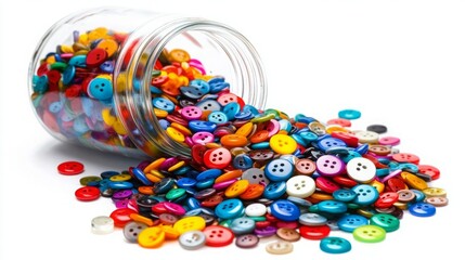 Colorful buttons spilling from a jar.