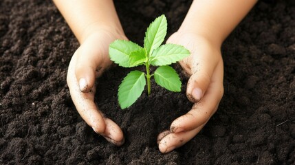Poster - A childs hands cupping a small plant in soil, symbolizing environmental awareness and future growth.