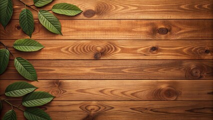 Poster - Wooden background with green leaves, creating a natural and rustic aesthetic.