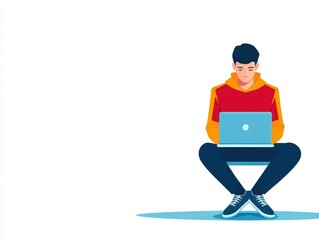 Aufkleber - Young man sitting relaxed on a stool with a laptop to represent modern work and digital lifestyle