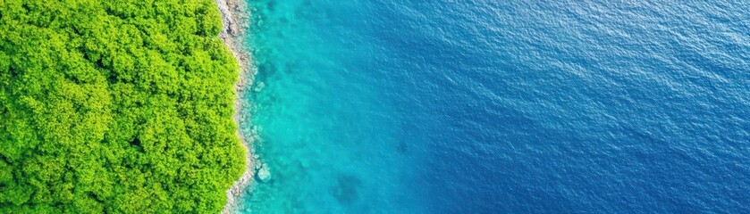 Poster - Aerial view of a serene beach merging with a lush green forest under a clear blue sky