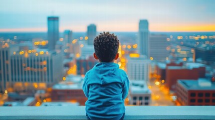 Poster - A young child gazing out over the cityscape of downtown detroit capturing a moment of wonder and curiosity