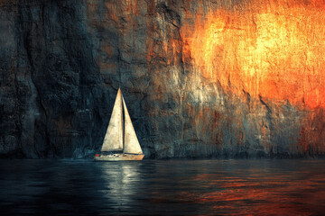 Poster - Sailboat navigating serene waters near a dramatic, fiery-hued cliff face.