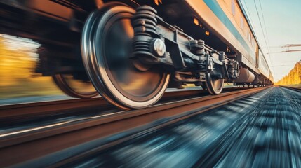 Poster - A close-up of train wheels on steel tracks, capturing the motion of travel.