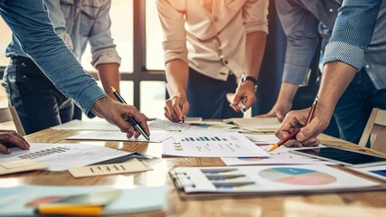 Poster - Group gathers around a table discussing charts and strategies, highlighting teamwork and planning for business growth in the office
