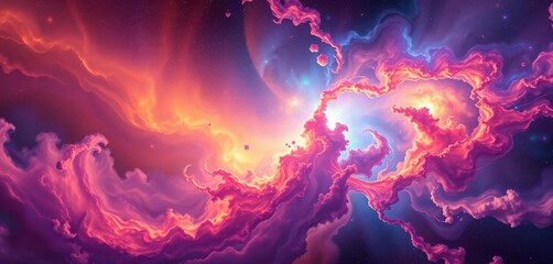 Wall Mural - Abstract swirling nebulae, vibrant cosmic dust, ethereal planetary forms, texture, dark