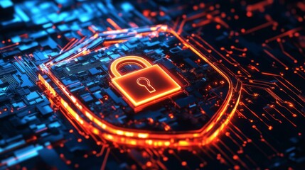Fototapete - A cyber shield with a glowing lock, protecting against hacking and data breaches.