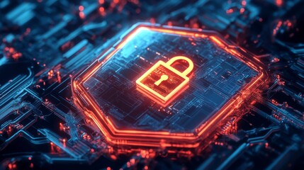 Fototapete - A cyber shield with a glowing lock, protecting against hacking and data breaches.