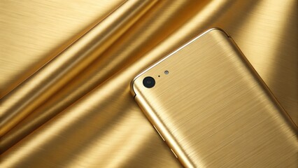 Poster - Golden smartphone resting on a shiny gold fabric backdrop.