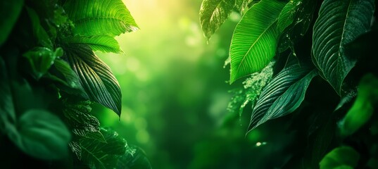 Lush Tropical Jungle Rainforest Canopy In Vibrant Green With Sun Beams. Nature Wallpaper.